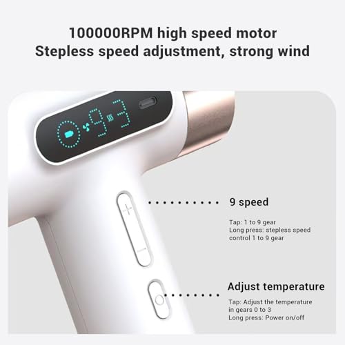 Wiederaufladbarer Tragbarer Haartrockner Kabelloser Föhn mit 100000 U/min Hochgeschwindigkeitsmotor 3 Temperaturen 9 Windgeschwindigkeiten USB-Aufladung 15600mAh Akku für Reisen