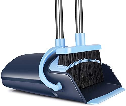 Broom and Dustpan Set 2023 Outdoor Or Indoor Broom Dust Pan 3 Foot Angle Heavy Push Combo Upright Long Handle for Kids Garden Pet Dog Hair Lobby Wood Floor Sweeping Kitchen House (Blue)