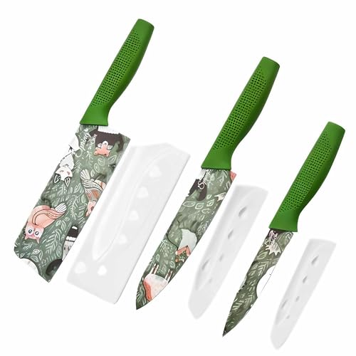 Image of La' Forte 3 Pcs Kitchen Knife Set with Protective Covers | Chef Knife, Utility Knife & Paring Knife | Printed Stainless Steel Blades with Ergonomic Grip | Cutting, Chopping & Slicing (Green)