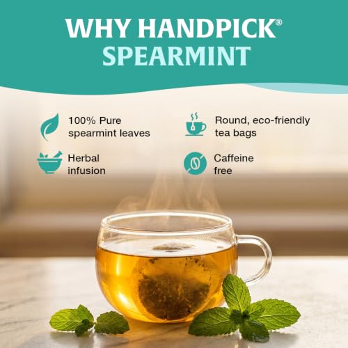 Image of HANDPICK, Spearmint Tea Bags (40 Herbal Tea Bags) |Refreshing Mint Tea | Non-GMO | Round Eco-Conscious Teabags
