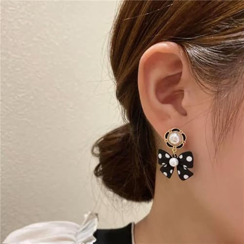 Bow Earrings for Women Pearl Dangle Jewelry, Black White Trendy Earrings Lightweight Minimalist Accessories Gift Versatile Day to Night2