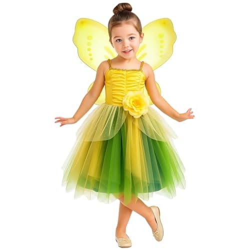 Fairy Costume for Girls Toddler Fairy Elf Dress Up with Wings Halloween Cosplay Outfit Yellow-green 6 years
