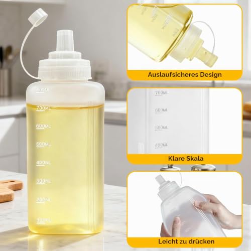 4 Stück Quetschflasche 800ml, Squeeze Flasche mit Kappen, 27oz Breiter Mund Kunststoff Saucenflasche mit Messskala Bürsten und Trichter, Dosierflasche für Ketchup, Öl, BBQ Sauce, Pigment – Bild 3