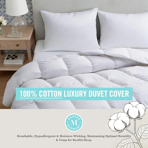 Image of Martha Stewart Luxury White Goose Feathers Down Fiber Comforter Queen Size - Hotel Collection 100% Cotton Cover Duvet Insert, Extra Warmth with 8 Corner Tabs, Breathable, Hypoallergenic, 90 x 90 Inch