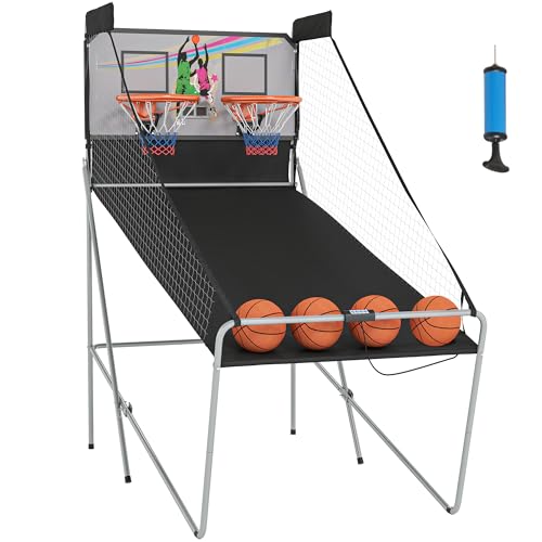 HOMCOM Juego de Canastas Plegable, Máquina de Baloncesto Juguete Contador y Marcador Electrónico, con Soporete de Acero, Red, Cesta de Baloncesto, 4 Baloncestos, 205x110x205 cm