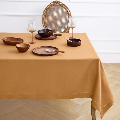Solino Home 100% Pure Linen Tablecloth Brown Sugar Hemstitch, 60 x 132 in