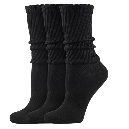 Women's Scrunch Crew Socks Retro 3-Pack Solid Boot Calf Pilates Sock Ribbed Cozy Slouchy Socks for Women(5-11)