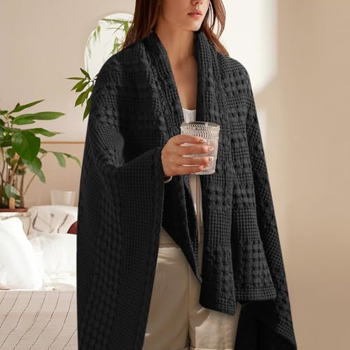 Image of PHF 100% Cotton Waffle Throw Blanket for Couch, Lightweight Breathable and Soft for Summer, Luxury Aesthetic Waffle Weave Blanket for Home Decor & Office, Gifts for Women, 50 inchx60 inch, Black