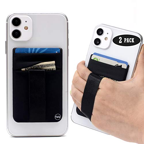 Cell Phone Stick On Wallet (2 Pack) Card Holder Sleeve Back - Double Pocket + Finger Grip Strap Loop for iPhone, Galaxy, Android, Mobile - Black