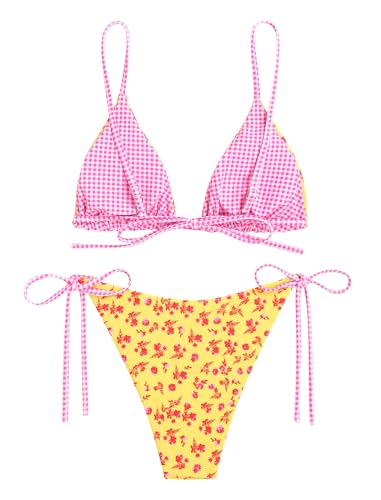 Image of ZAFUL Women's Triangle Bikini Floral String Bikini Set Two Piece Swimsuit Bathing Suits
