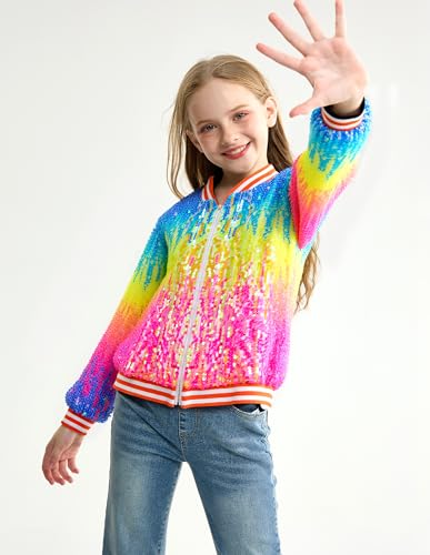 Image of LOLANTA Girls Sequin Jacket, Long Sleeve Kids Bomber Coats with Pockets, Spring Fall Outfits for 4-15 Years