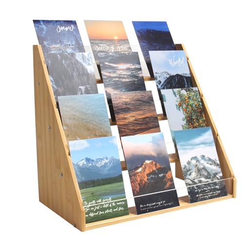 CAWUWE 4-Tier Bamboo Greeting Card Display Stand, Sticker Display Holder with Clear Acrylic Panels for Cards Postcard Photos Brochure, Postcard Holder for Home Birthday Office Market Decor