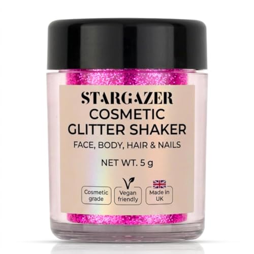 Stargazer UV Glitter Shaker, Pink. Cosmetic glitter powder for use on the eyes, lips, face, body, hair and nails.