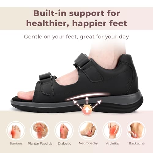 Image of FitVille Diabetic Sandals for Women Wide Width, Open Toe Orthopedic Wide Sandals for Women with Adjustable Straps and Arch Support for Bunions, Plantar Fasciitis, Swollen Feet