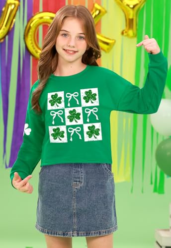 Image of Tween Girl St. Patrick's Irish Lucky Four Leaf Glitter Clover Bow Crop Top Green White Long Sleeve Shirt 14 Years