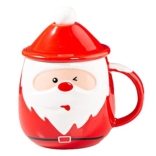 MISNODE Caneca de café de Natal, caneca de cerâmica de Papai Noel com tampa e colher, copo de leite de 443 ml xícara de café de feriado xícara de chá de cerâmica, copo de cerâmica de Papai Noel canecas de bebida para lembrancinhas de festa de Natal