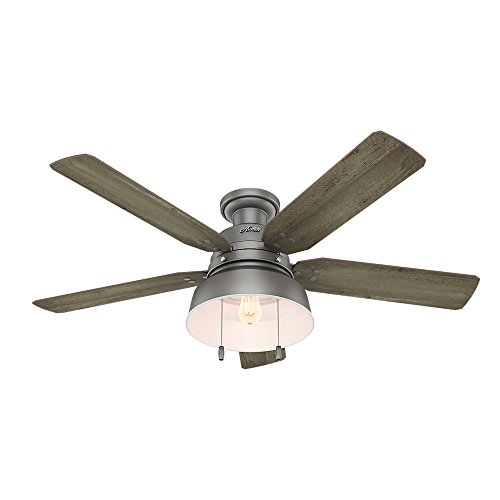 Image of Hunter 52 inch Outdoor or Indoor Ceiling Fan with LED Light - Rustic Ceiling Fan with Pull Chain, For Bedroom, Living Room, or Patio, Low Profile Mount, No Remote - Mill Valley 59311, Matte Silver