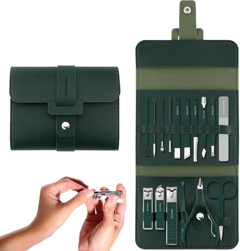 LinZong Bonito juego de cortaúñas plegable de acero inoxidable, kit de cuidado de manicura de 16 piezas, juego de manicura portátil de acero de viaje con funda de piel sintética, unisex