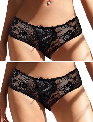 Tanga Sexy Mujer Abierto Entrepierna Bragas de Encaje Talla Grande Braguitas Brasileñas Cintura Baja Ropa Interior Femenina Transpirables Culotte Slips Transparente Calzoncillos(Negro#2 ,M-L)