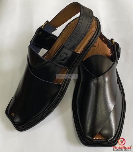 Handmade Black Leather Peshawari Chappal: Traditional Gents Sandals3