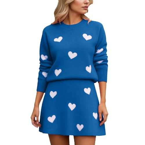 Survêtement en tricot pour femme avec motif cœur ensemble pull col rond et jupe confortable