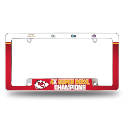 Rico Industries NFL Football Kansas City Chiefs 4 Time Super Bowl Champs 12 x 6 Chrome All Over Automotive License Plate Frame for Car/Truck/SUV