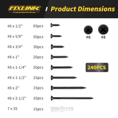 wood screws assortment kit fixlink 240 pcs high hardness flat head wood screws set phillips drive assorted screws contain 15pc anchors and 8 size 2-1221-121-141345812 black