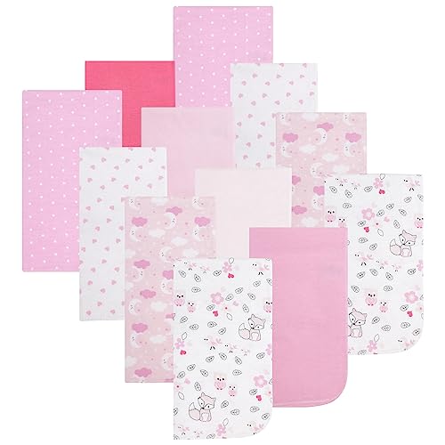 Image of EVERYDAY KIDS 12 Pack Burp Cloths for Baby Girl; Newborn Essential with - Large Absorbent Cotton Flannel Pink Burping Cloths for Babies with Woodlands, Polka Dots and Hearts Prints and Solids