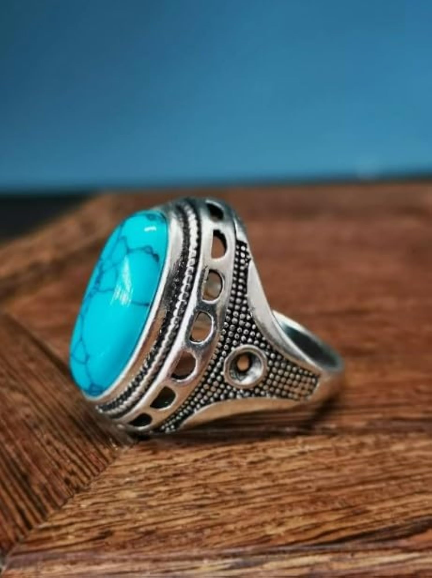 Turquoise Stone Metal Biker Ring for Men