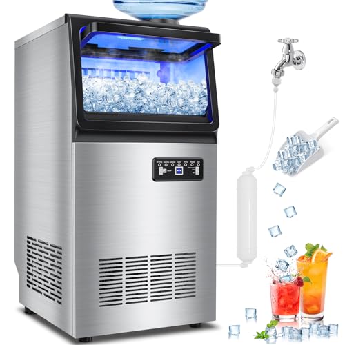 Commercial Ice Maker Machine Dual Water Inlet Options, 140LBS/24H, Freestanding Under Counter Ice Maker with Smart LCD, Self-Cleaning, Quiet for Home,