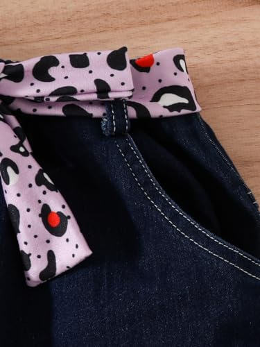 Image of Kids Toddler Girls Summer Clothes Leopard Butterfly Print T-Shirt + Belted Denim Jeans Shorts 3PCS Outfits