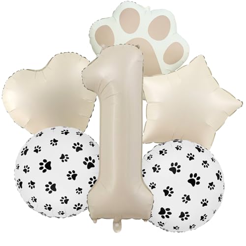 Image of 1st Birthday Dog Paw Balloons Set,18'' Paw Prints, Heart,Star,Paw Shaped Foil Balloon 40 Inch Cream Number 1 Helium balloons for Puppy Themed Baby Shower First Birthday Party Decorations Supplies 6PCS