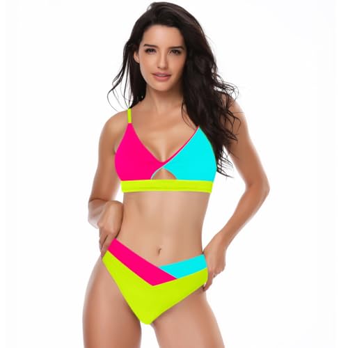 Sexybody Women' s Neon Color Block Bikini V Cut Two Piece Swimsuits High Waisted Cut Out V Neck Bathing Suit Crisscross Back2
