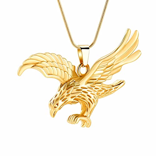 316L Stainless Steel Eagle Cremation Urn Necklace Hold Keepsake Memorial Pendant for Men T221 (Main Stone Color : Pendant with Chain, Metal Color : Gold)
