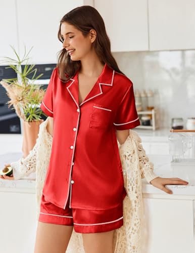 Image of Ekouaer Womens Satin Silk 2 Piece Pajamas Set Short Sleeve Sleepwear | Button Down Top and Shorts Loungewear Set for Sleep, Home, Wedding, Travel, Party, Daily Wear & Great for Sharing
