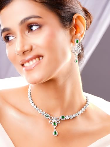 Image of Rubans Necklace Set Rhodium Plated Crystal Studded Jewellery Gift for Women & Girls