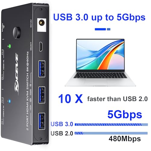 Image of KCEVE KVM Switch 2 Computer 1 Monitor HDMI, KVM Switch 2 Port 8K@60Hz 4K@120Hz, HDMI2.1, HDCP 2.3, HDR 10, 2 Computers Share 1 Monitor Keyboard Mouse, Wired Remote(8K HDMI 2 in 1 Out KVM)