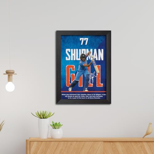 Image of TenorArts Shubhman Gill Poster with Quotes Indian Legend Cricket Player Photo Frame Painting with Matt Finish Black Textures (12 inches x 9inches)