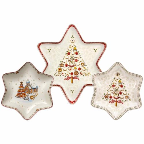 Villeroy & Boch Winter Bakery Delight Sternschalen-Set 3-teilig, Servierschalen mit Lebkuchendorf- und Tannenbaum-Dekor, Premium Porzellan, Weiß/Rot