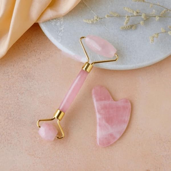 Rouleau en quartz rose et gua sha pour massage anti-âge du visage