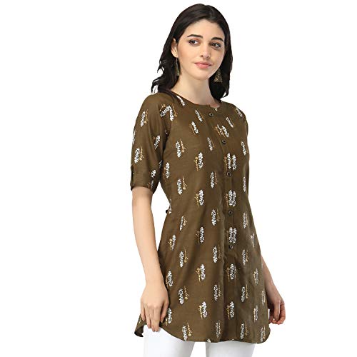 Image of OM SAI LATEST CREATION Slub Rayon Fully Stitched Anarkali Foil Print Kurti for Women & Girls on Jeans Palazzo or Skirt (Plus Size Upto 2XL) (Black)
