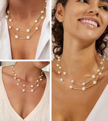 Gold Pearl Necklace for Women, Chunky 18K Gold Plated Layered Choker Chain - Double Layered Pearl Necklace, Trendy Gold Jewelry Birthday Gifts3