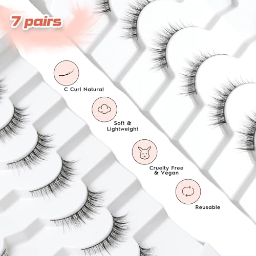 Natural Lashes Wispy Eyelashes Natural Look Short Lashes Pack 12mm Eyelashes C Curl False Lashes Thinner Band 3D Volume Fake Eyelashes 7 Pair Siligli