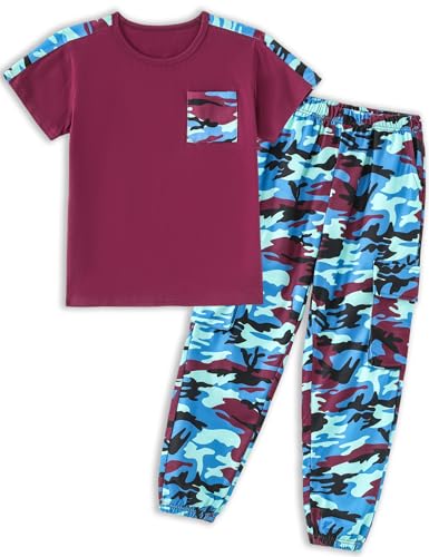 Image of mksodopy Boys Clothes Outfits Set, Camo Cargo Pants and Short Sleeve Pocket Tee 2PC Summer Tracksuit for Kids 5-16Y