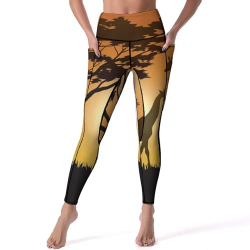 Legging femmes girafe au coucher du soleil extensible taille haute pantalon de sport taille S