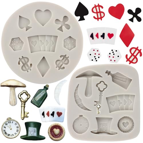 MYPRACS Lot De 2 Moules En Silicone Pour Poker Alice Wonderland Chapeau Fondant Cartes À Jouer Moules À Bonbons Au Chocolat Pour Cupcakes Décoration De...