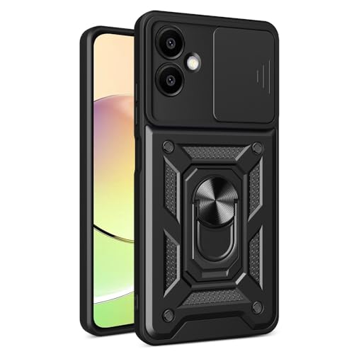 Image of Heavy Duty Back Case Cover for Samsung Galaxy A06 5G, Shockproof Samsung Galaxy A06 Back Cover, Ring Case with Kickstand and Camera Protection Shutter - Black
