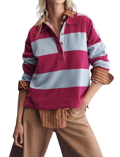 Image of Womens Striped Sweater Rugby Polo Shirts Y2k Collar Pullover Tops | Rugby Shirt,Long Sleeve Knit Top,Lapel V Neck Jumper,Oversized,Casual Outings Streetwear,Preppy Sweater,Fall Winter Clothes