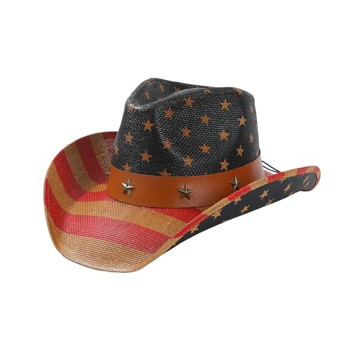 WOOH USA American Flag Cowboy Hat for Women and Men 4th of July Cowboy Hat for Men Straw Cowgirl Hats Women