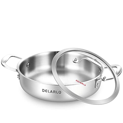 DELARLO Tri-Ply Stainless Steel 10 Inch Frying Pan 3QT Saute Pan With Lid Kitchen Skillets Induction...